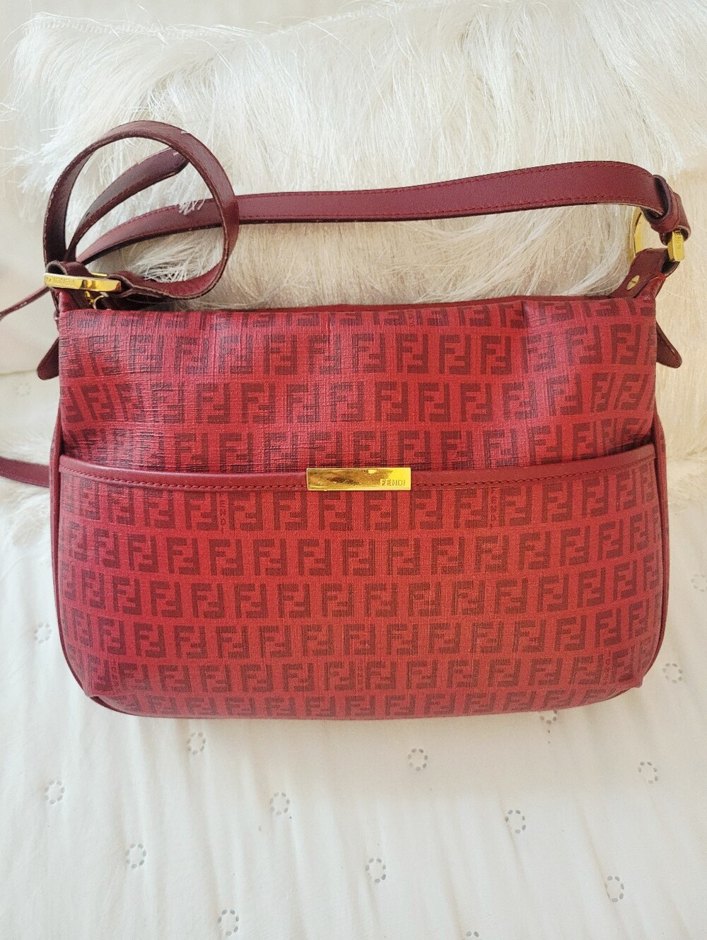 VTG Fendi Zucchino Spalmati Coated Canvas Crossbody Messenger Shoulder Bag Red